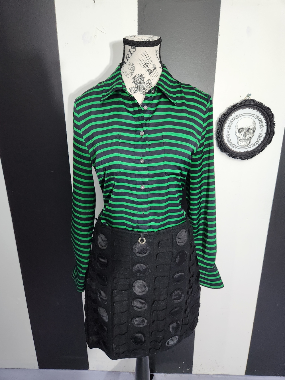 Dalia Collection Black and Green Striped Blouse